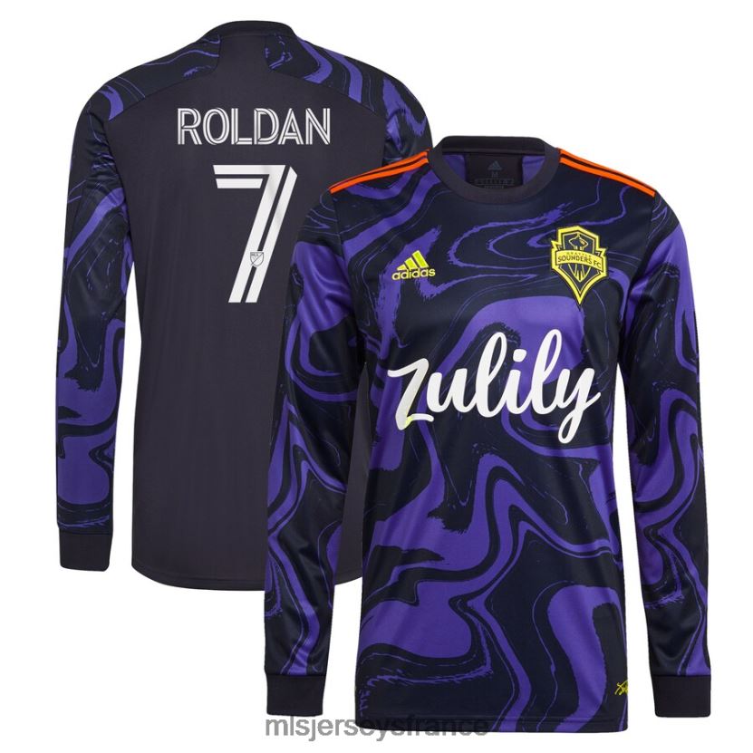Jersey Seattle Sounders FC Cristian Roldan adidas violet 2021 le kit Jimi Hendrix maillot de joueur réplique à manches longues Hommes MLS Jerseys 8664VV443